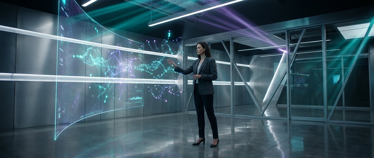 Una mujer de negocios interactúa con una pantalla holográfica transparente que muestra visualizaciones de datos y redes de conexiones en una sala futurista.