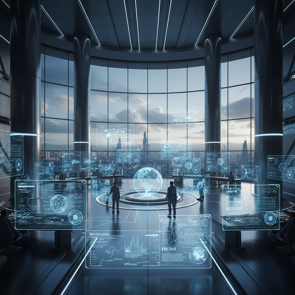 Centro de control futurista con pantallas holográficas y vista panorámica a una metrópolis.