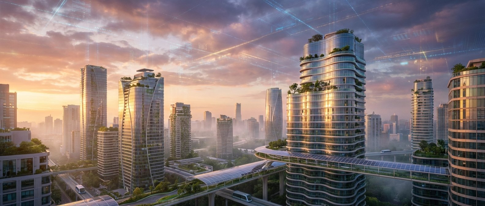 Paisaje urbano futurista y sostenible al atardecer, con rascacielos modernos que incorporan vegetación y paneles solares. Un sistema de transporte elevado con monorraíl y pasarelas conectan los edificios, mientras el cielo muestra proyecciones digitales.