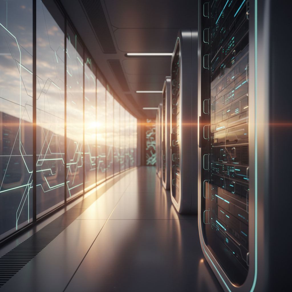 Pasillo de un centro de datos moderno con servidores en rack y ventanales con gráficos de circuitos iluminados al atardecer.