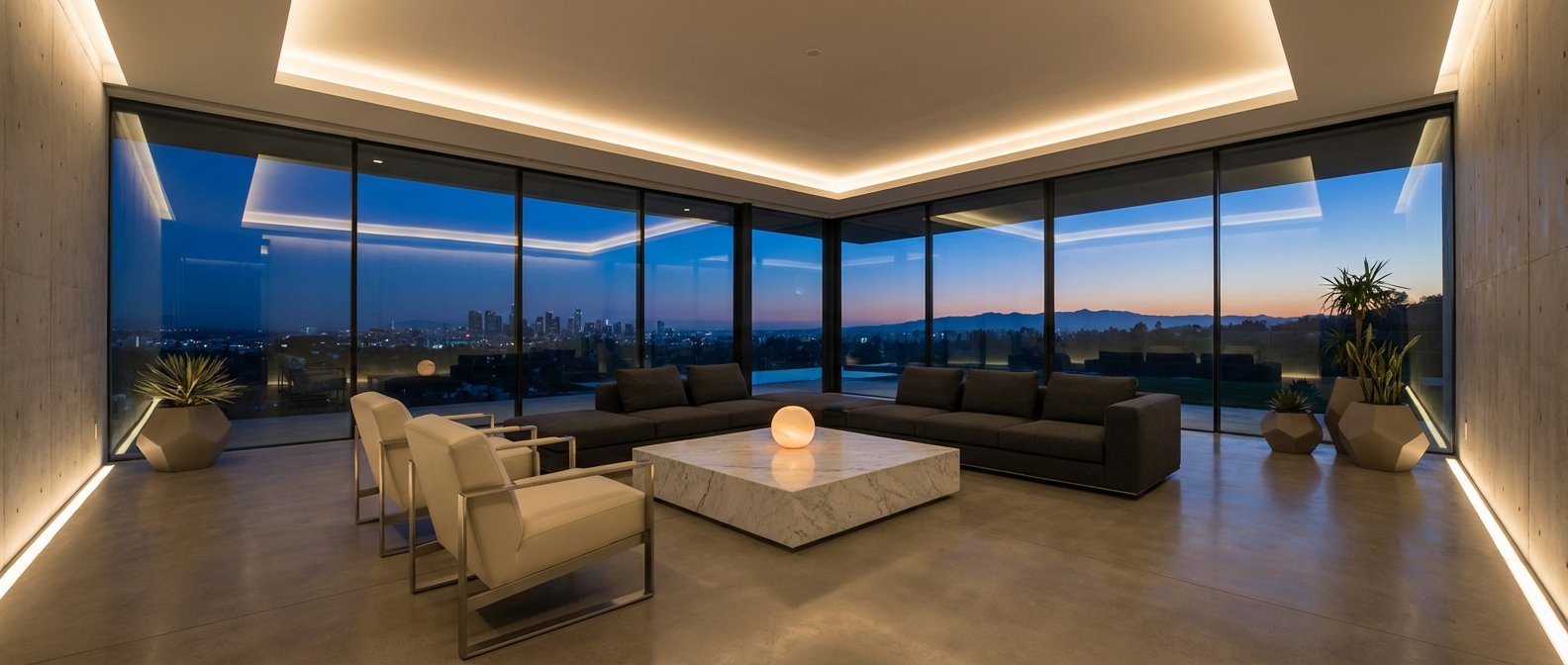 Salón moderno con ventanales de esquina que miran hacia un horizonte urbano y montañas al atardecer. El interior presenta sofás grises, sillones blancos, una mesa de mármol con lámpara esférica, plantas y cálida iluminación LED en el techo y el suelo.