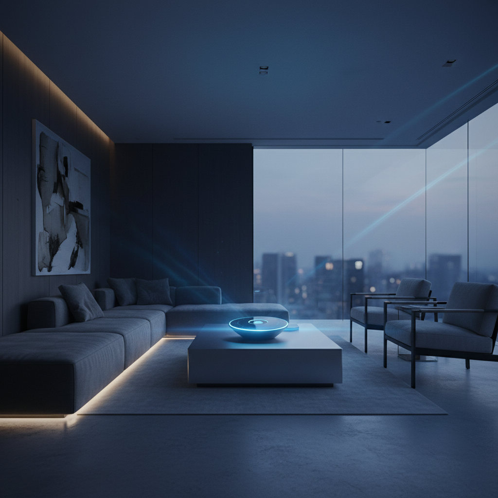 Sala de estar moderna con ventanales hacia la ciudad, sofá, dos sillones y una mesa de centro con un dispositivo de luz azul.