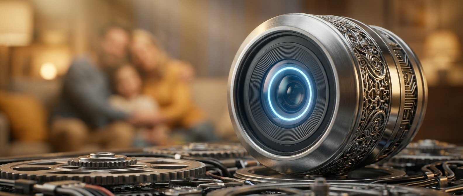 Una cámara de vigilancia futurista con una lente brillante de color azul, colocada sobre engranajes mecánicos, con una familia borrosa en el fondo de un salón.