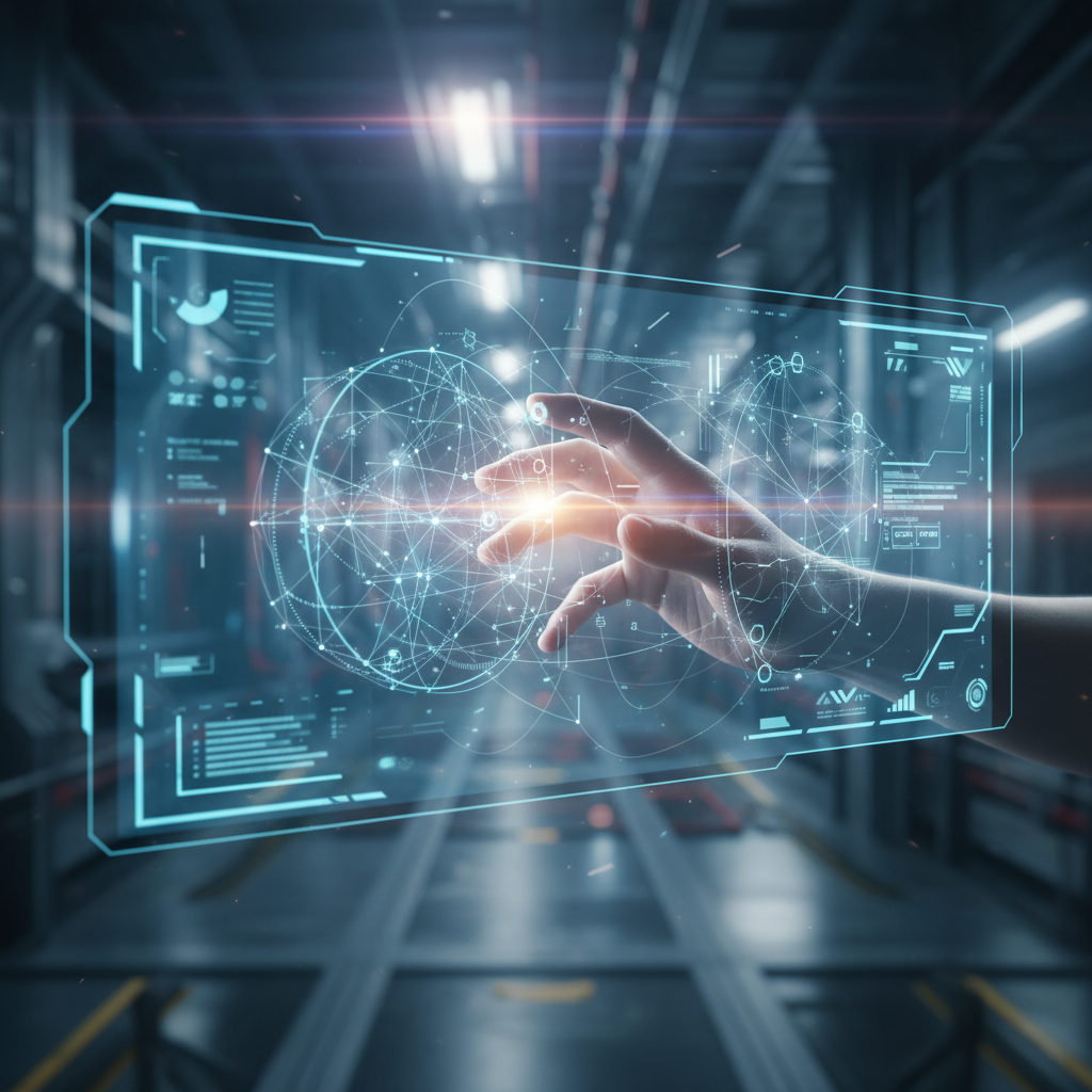 Mano humana interactuando con una interfaz holográfica digital en un entorno tecnológico industrial.