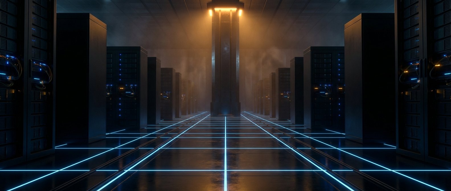 Sala de servidores futurista con filas de racks negros, luces LED azules en el suelo formando una cuadrícula y una torre central iluminada con luz naranja entre la niebla.