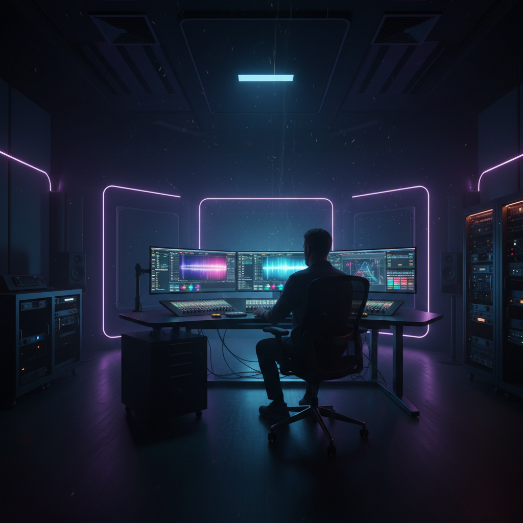 Un técnico de sonido trabaja en un estudio de grabación oscuro con iluminación de neón morado frente a monitores con ondas de audio.
