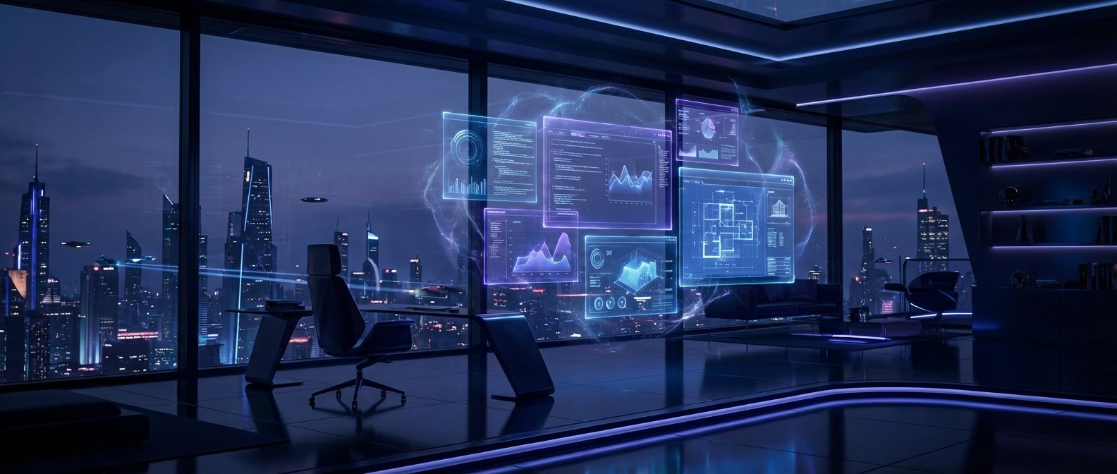 Una oficina futurista con grandes ventanales que ofrecen vistas a una ciudad moderna de noche, con rascacielos iluminados y vehículos voladores. Varias interfaces de usuario holográficas flotan en el aire mostrando gráficos, código y planos arquitectónicos. La estancia cuenta con un escritorio elegante, una silla de oficina y detalles de iluminación de neón azul y morado.