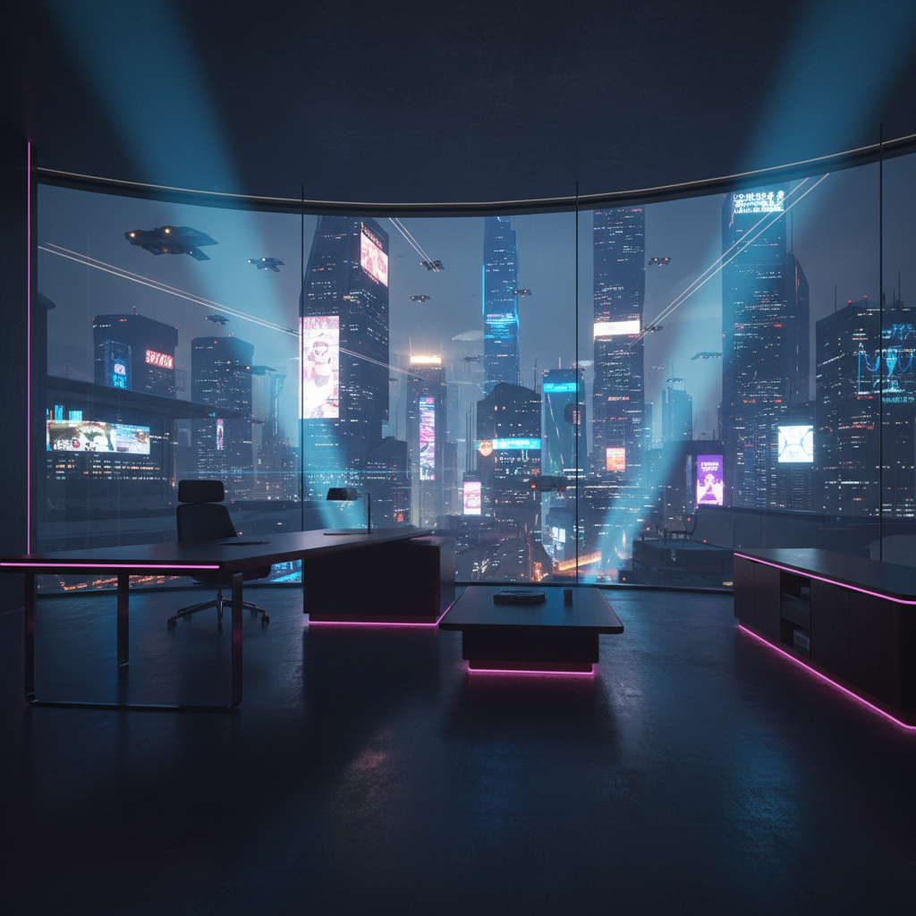 Despacho ejecutivo con mobiliario minimalista de líneas luminosas frente a una gran cristalera con vistas a una metrópolis futurista y ciberpunk de noche.