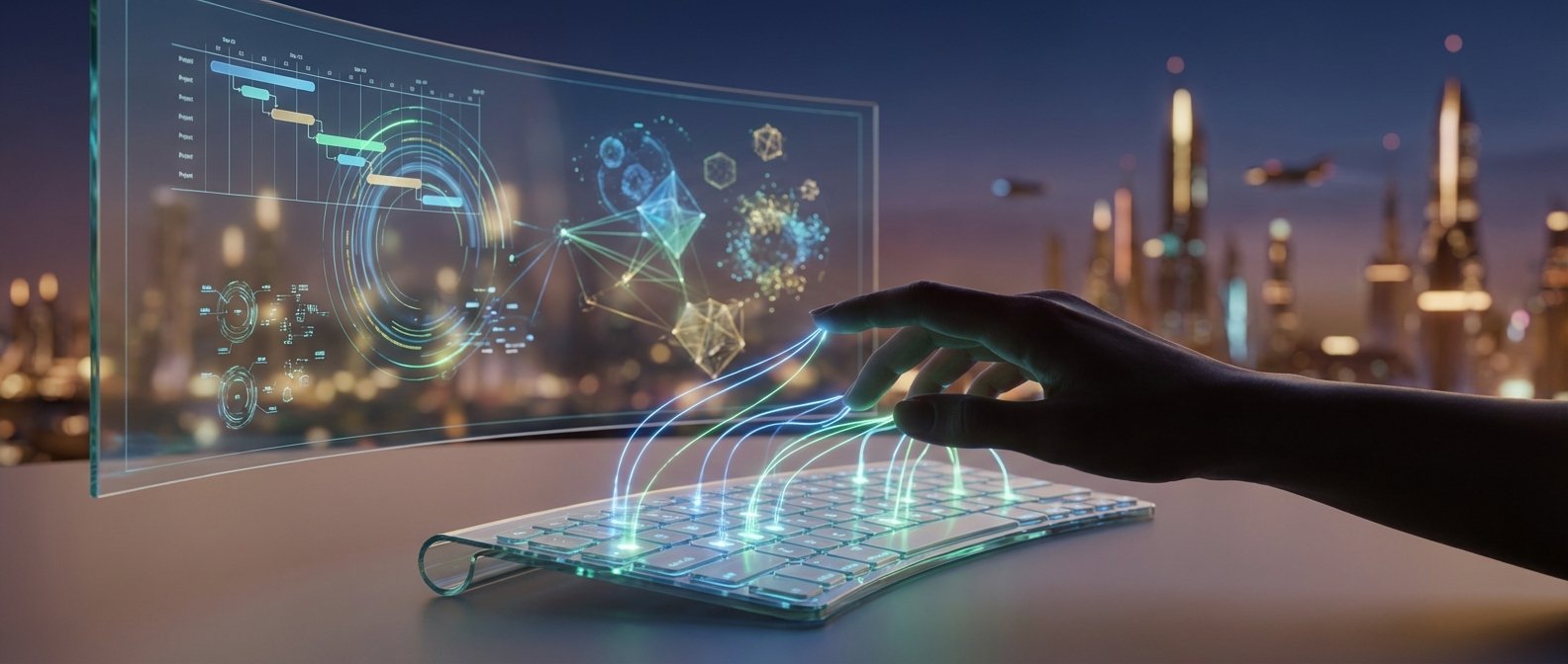 Mano interactuando con un teclado transparente desde donde salen líneas de luz que se conectan a una gran pantalla curva y transparente. La pantalla muestra gráficos de planificación de proyectos, visualizaciones de datos circulares y redes de información. Al fondo se ve una ciudad futurista iluminada de noche con edificios y vehículos voladores borrosos.