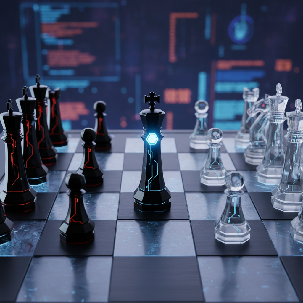 Tablero de ajedrez futurista con piezas negras de circuito rojo y piezas transparentes de circuito azul frente a pantallas con código informático.