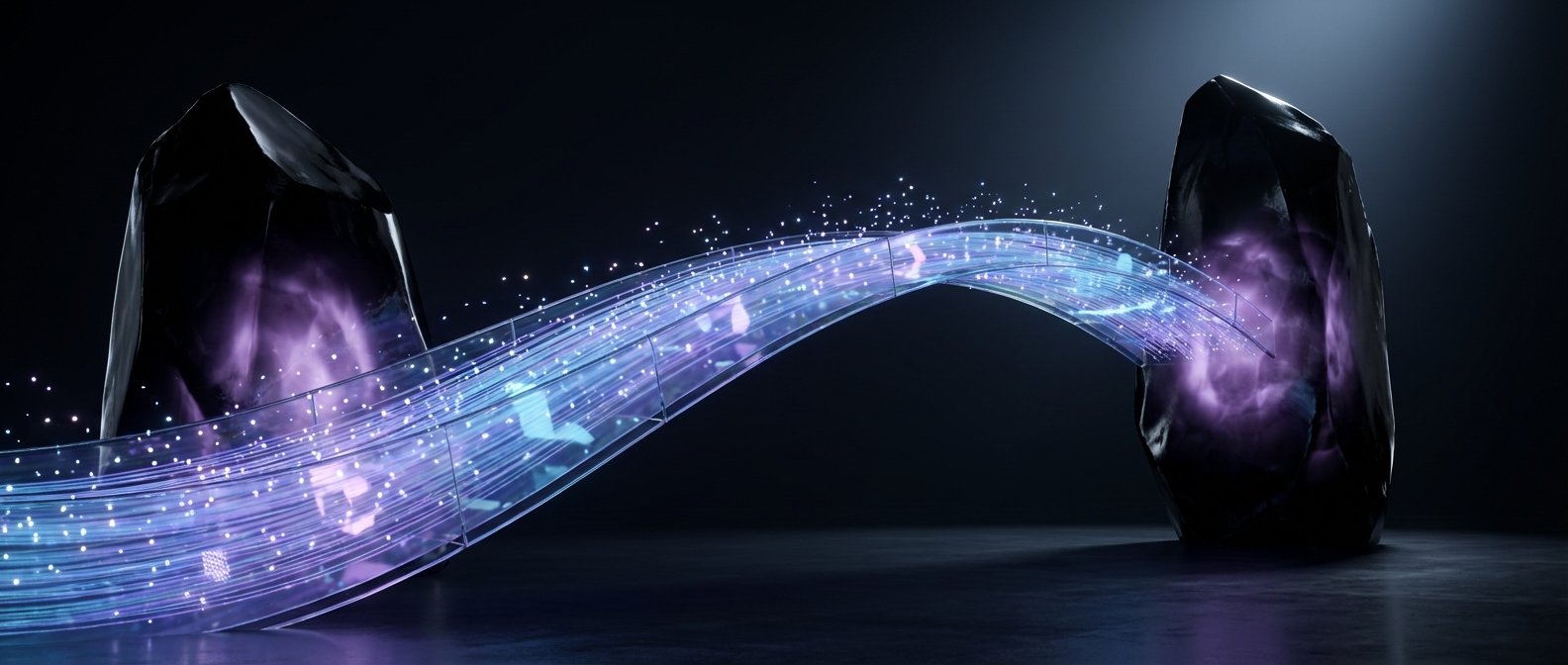 Dos grandes estructuras oscuras y brillantes con un resplandor púrpura en el interior, unidas por un túnel arqueado transparente. A través del túnel, haces de luz azul y violeta con partículas luminosas fluyen, representando la transferencia de datos de alta velocidad.