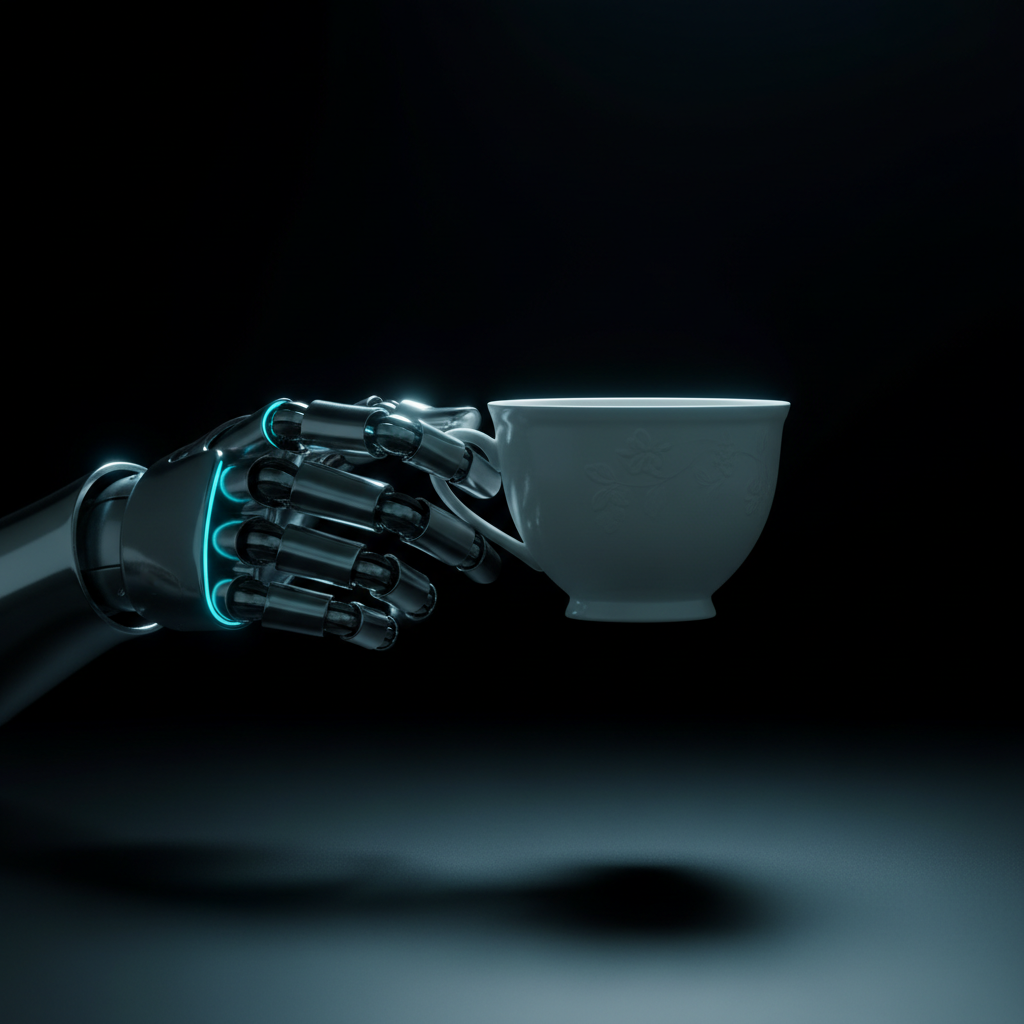 Mano robótica metálica con detalles de luz azul neón sosteniendo una taza de té de porcelana blanca sobre un fondo oscuro.