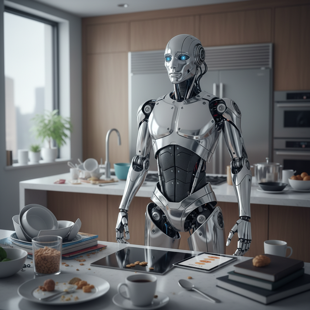Robot humanoide de metal con ojos azules parado en una cocina moderna frente a una mesa con desayuno.