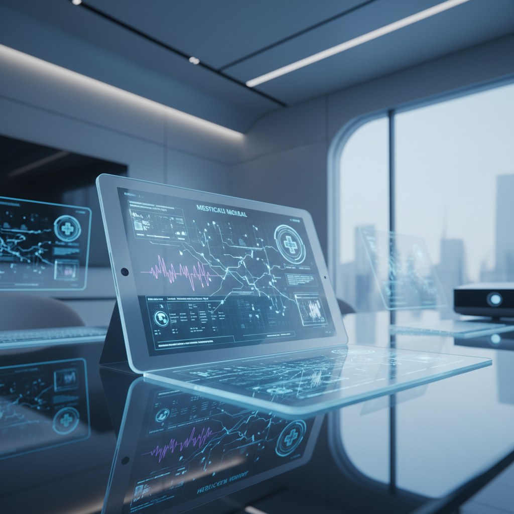 Tablet con interfaz de diagnóstico médico holográfica sobre una mesa de cristal en una oficina moderna.