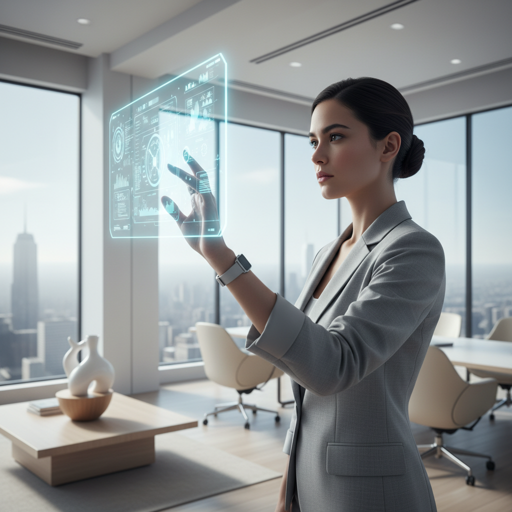 Una ejecutiva joven interactuando con una interfaz holográfica digital en una oficina moderna con vista a una ciudad.