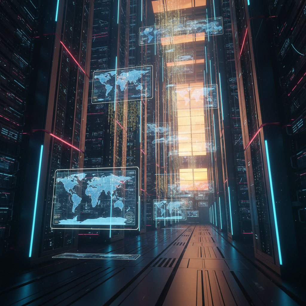 Pasillo de un centro de datos futurista con servidores, luces de neón y proyecciones holográficas de mapamundis.