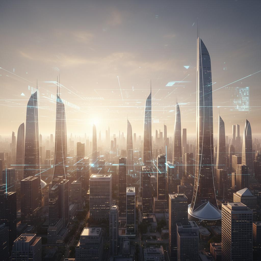 Horizonte de una ciudad futurista con rascacielos elevados y superposiciones digitales de datos bajo una puesta de sol.