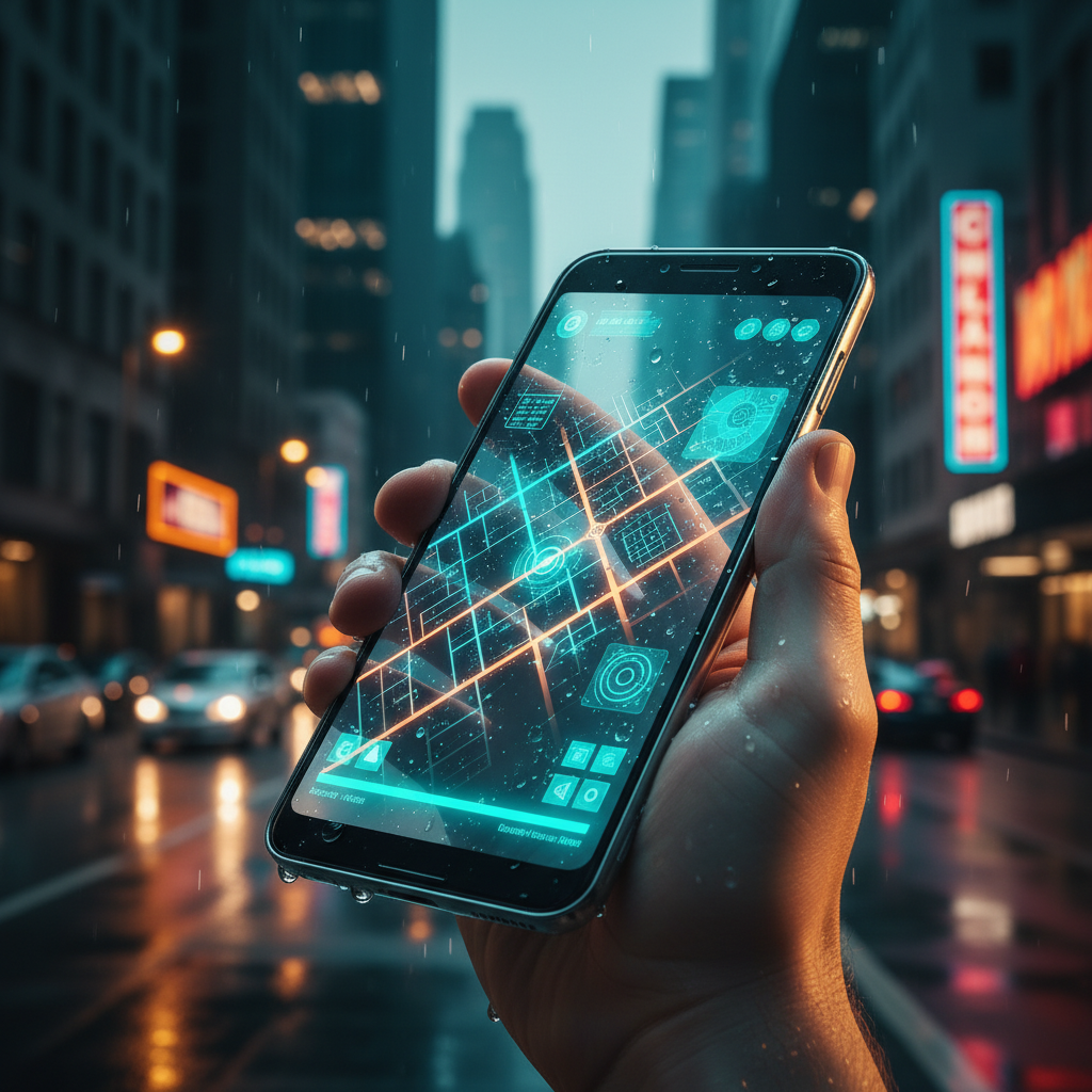 Mano sosteniendo un teléfono inteligente con una interfaz de mapa digital interactivo iluminada en una ciudad lluviosa por la noche.