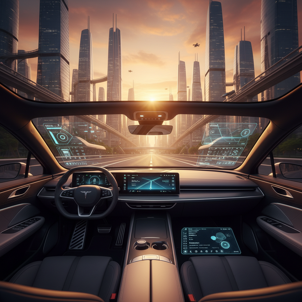 Vista desde el interior de un vehículo autónomo con interfaz futurista recorriendo una metrópolis moderna al atardecer.