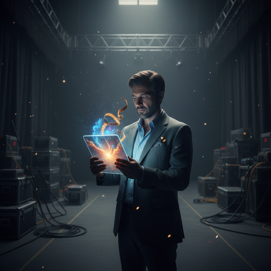 Un hombre con traje sostiene una tableta transparente que proyecta una explosión de luz y una cinta de película en un estudio con equipo técnico.