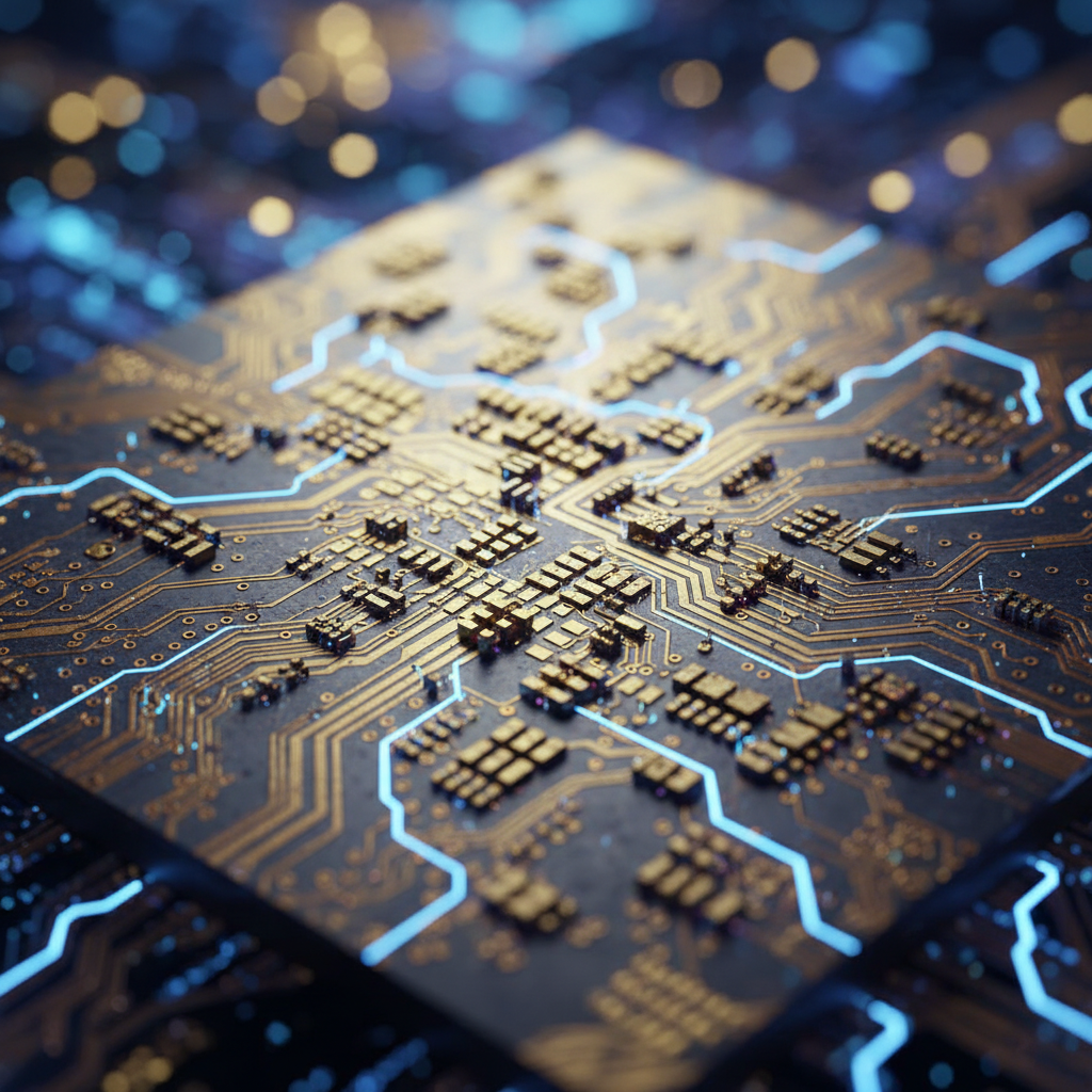Primer plano detallado de un microchip de computadora con circuitos electrónicos iluminados en azul y componentes dorados sobre una placa base.