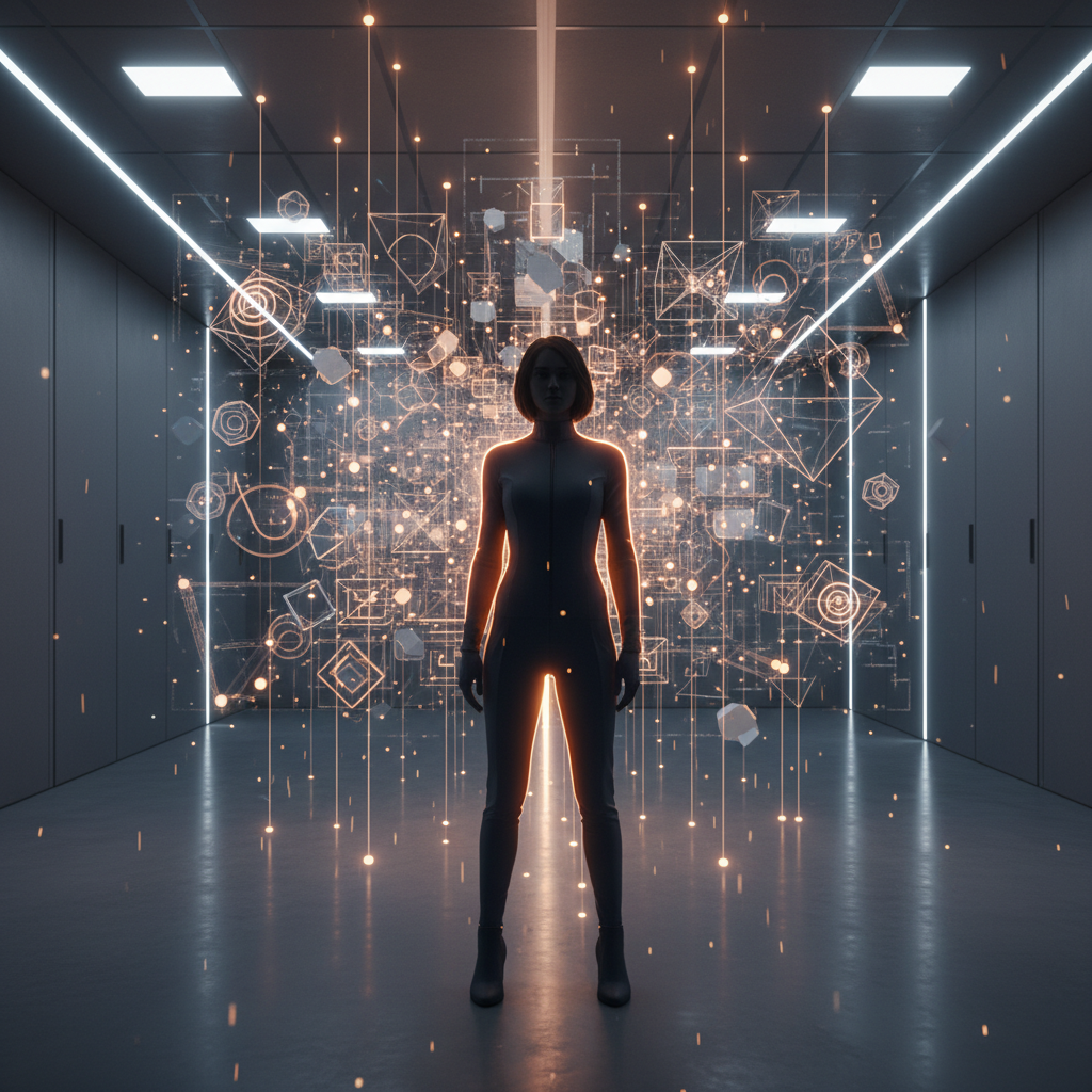 Silueta femenina de pie en un pasillo futurista rodeada de hologramas geométricos y luces digitales.