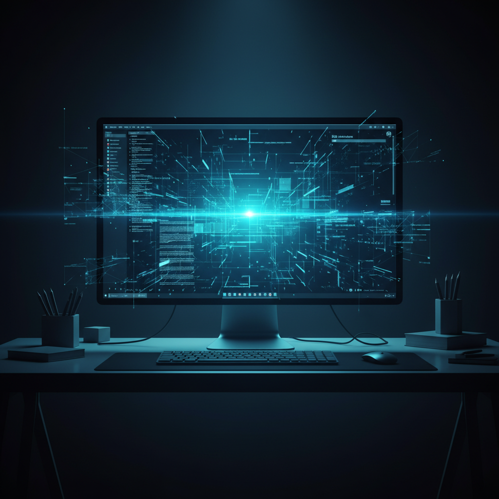 Monitor de computadora sobre un escritorio oscuro mostrando una interfaz gráfica con datos y conexiones digitales en 3D.