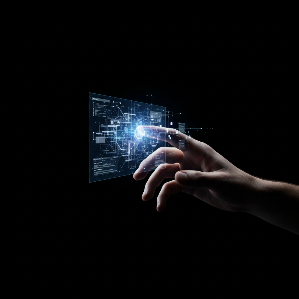 Mano humana interactuando con una interfaz holográfica digital que muestra gráficos y datos sobre un fondo negro.