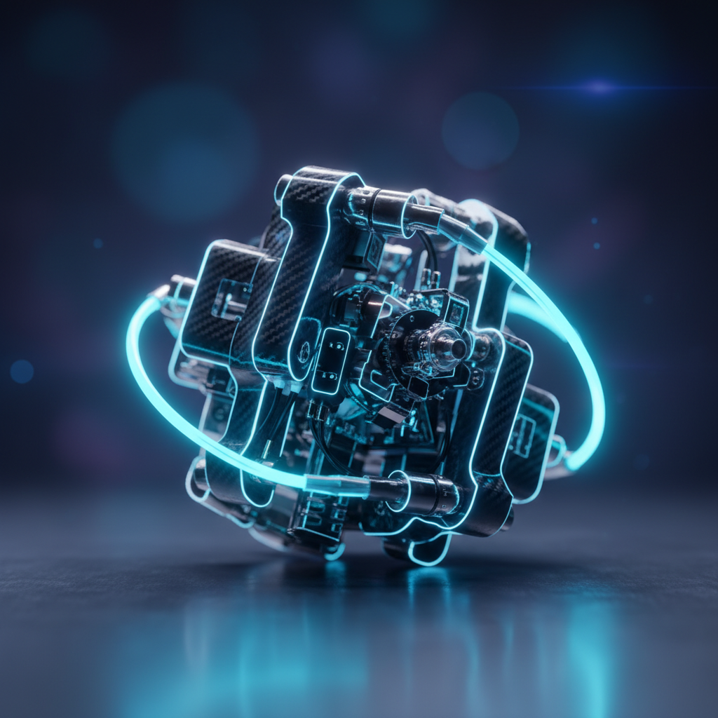 Artefacto tecnológico de fibra de carbono con luz de neón azul circular en un entorno abstracto.