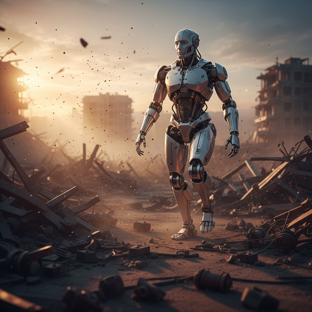 Robot humanoide de metal caminando sobre los escombros de una ciudad en ruinas bajo la luz del atardecer.