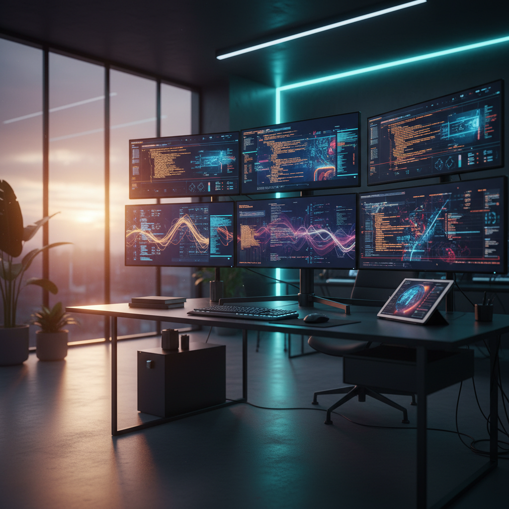 Configuración de múltiples monitores con código y gráficos de datos en un escritorio moderno junto a una ventana al atardecer.