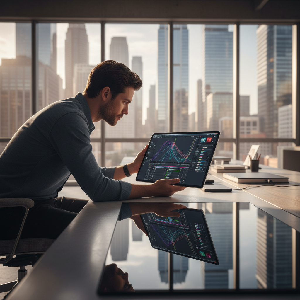 Profesional revisando gráficos de análisis financiero en una tableta frente a una ventana con vista a un distrito financiero.