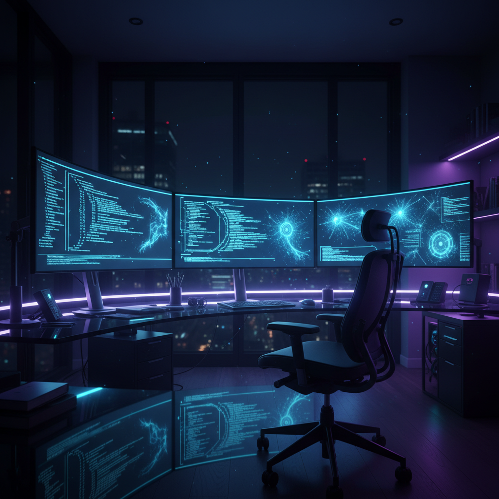 Estación de trabajo moderna para programación con tres monitores curvos que muestran código y gráficos de red en una oficina oscura con iluminación LED.