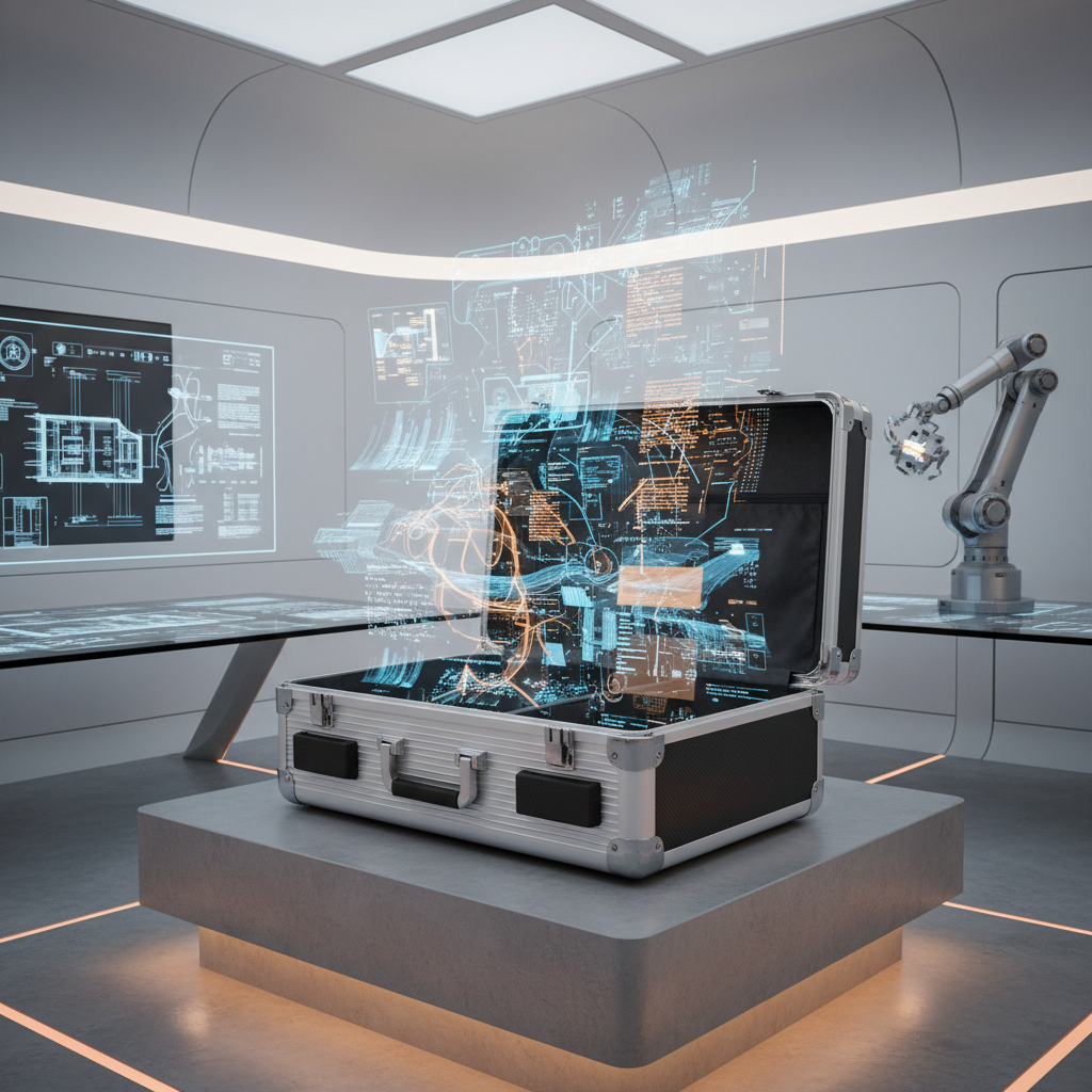 Maletín abierto sobre una plataforma con proyecciones de datos holográficos en un laboratorio futurista con un brazo robótico.