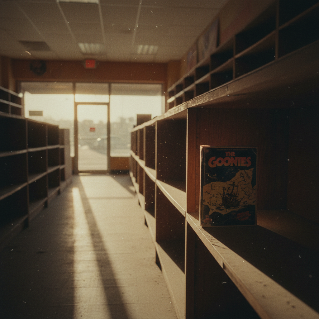 Una caja del juego de mesa The Goonies colocada sola en una estantería de madera dentro de una tienda abandonada con luz solar entrando por la puerta.