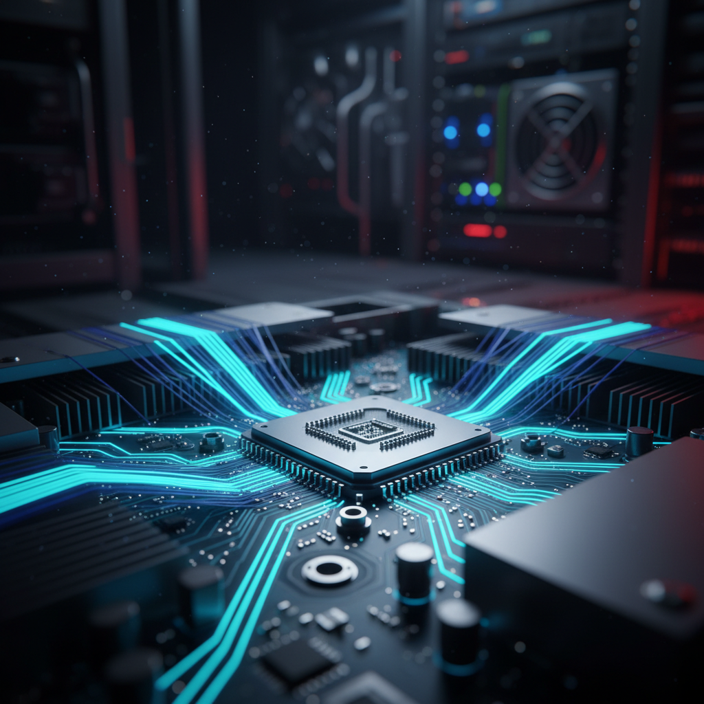Primer plano de un microchip procesador central en una placa de circuito impreso con conexiones brillantes de luz azul en un centro de datos.