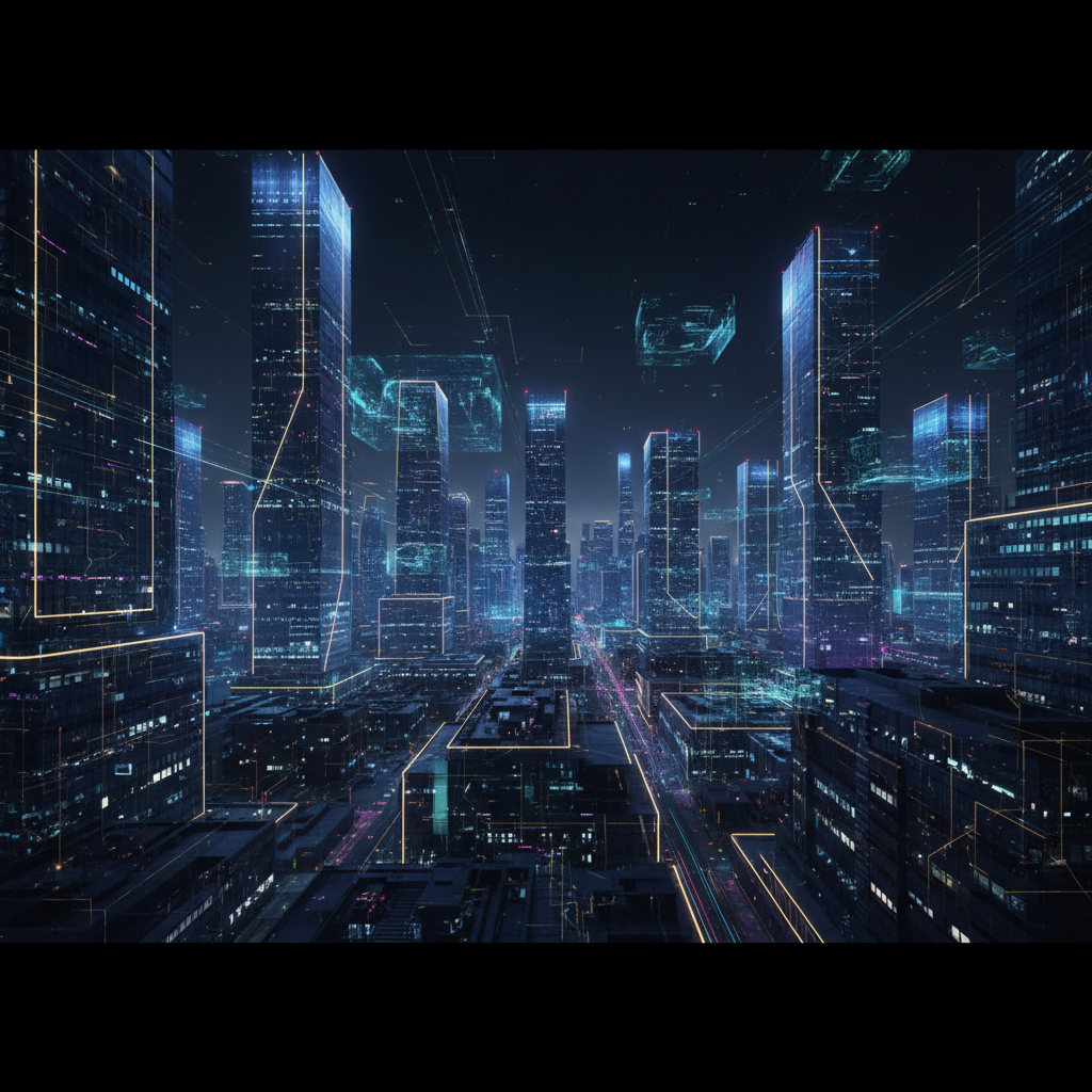 Vista aérea de una ciudad futurista de noche con rascacielos iluminados por líneas de datos digitales y estructuras holográficas flotantes.