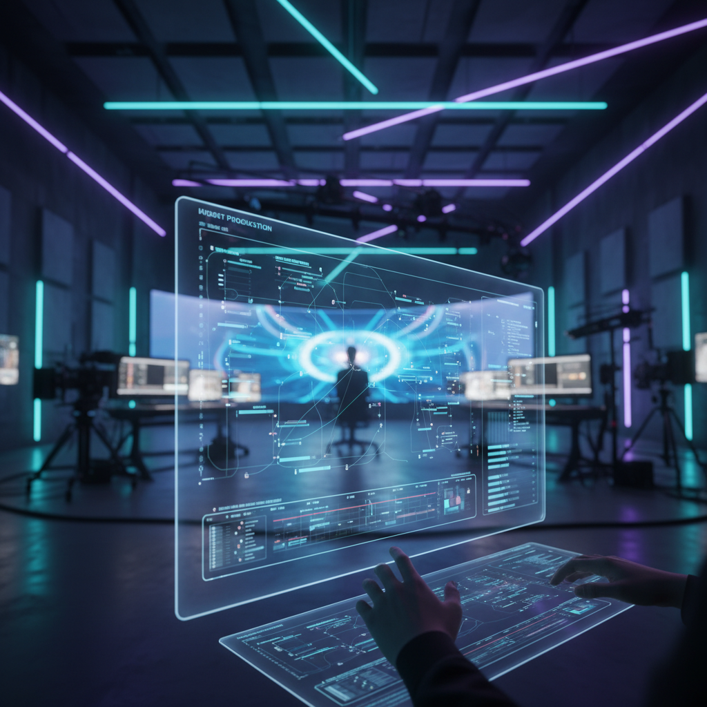 Persona interactuando con una interfaz holográfica táctil en una sala de control con iluminación futurista.