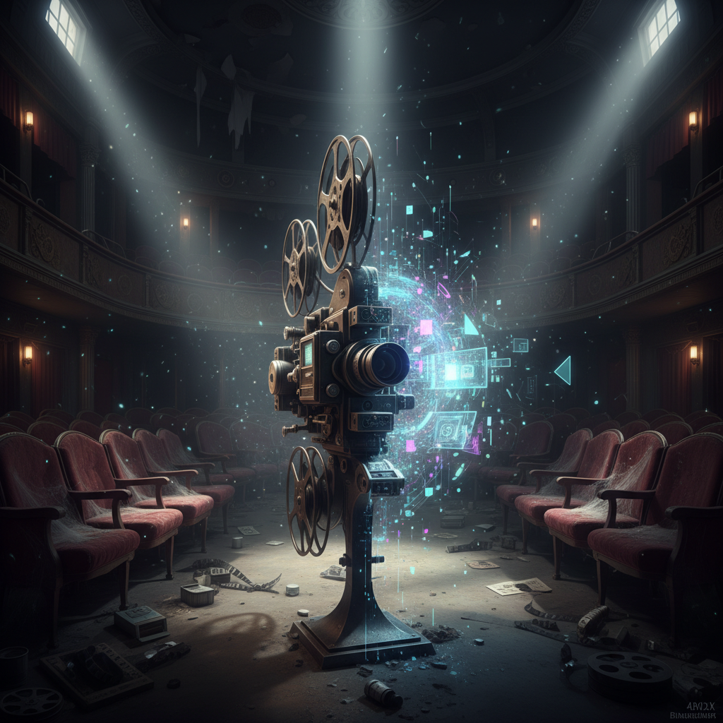 Proyector de cine antiguo proyectando luces digitales y formas geométricas en un teatro abandonado con asientos de terciopelo.