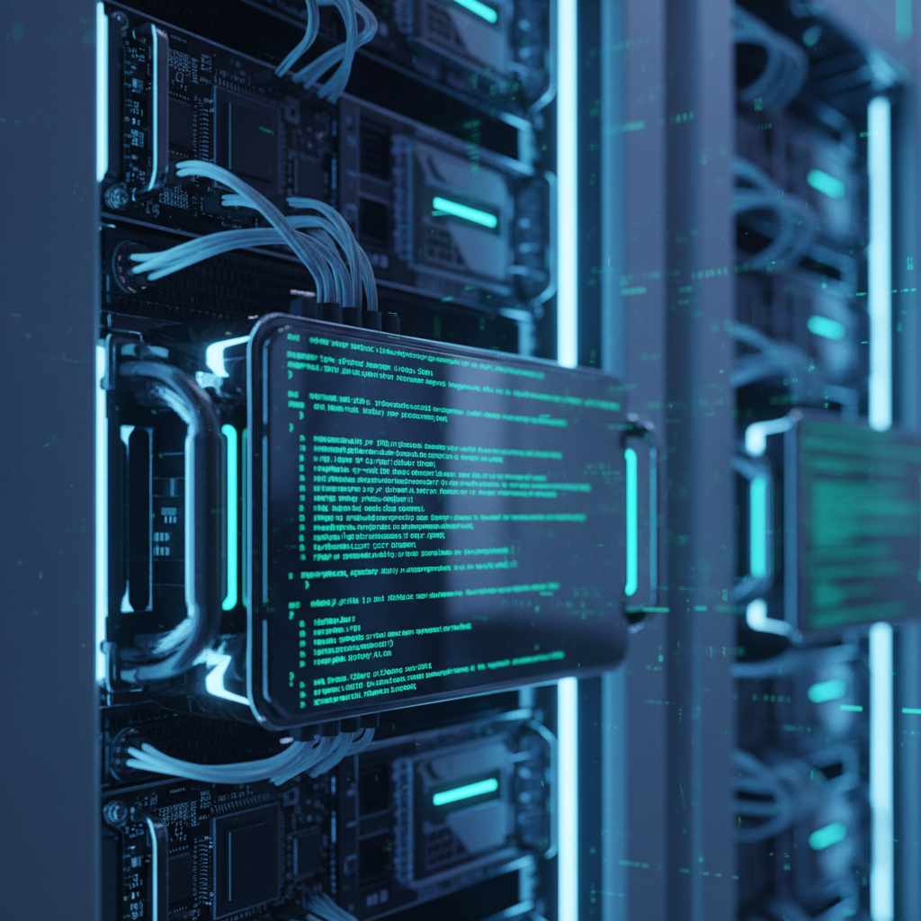 Servidor informático de alta tecnología con panel digital mostrando líneas de código en un centro de datos.