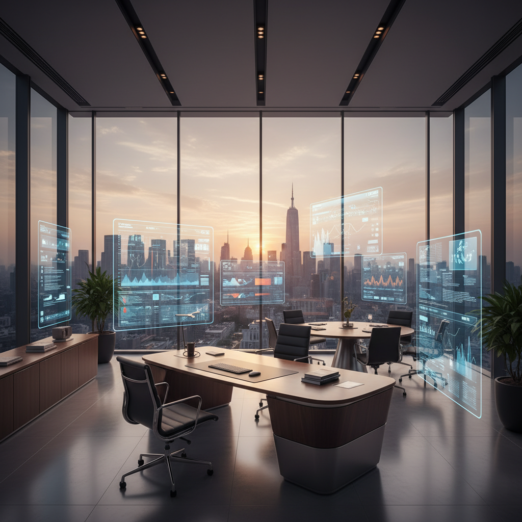 Oficina ejecutiva moderna con ventanales de suelo a techo, vista panorámica de la ciudad al atardecer y paneles holográficos con datos financieros.
