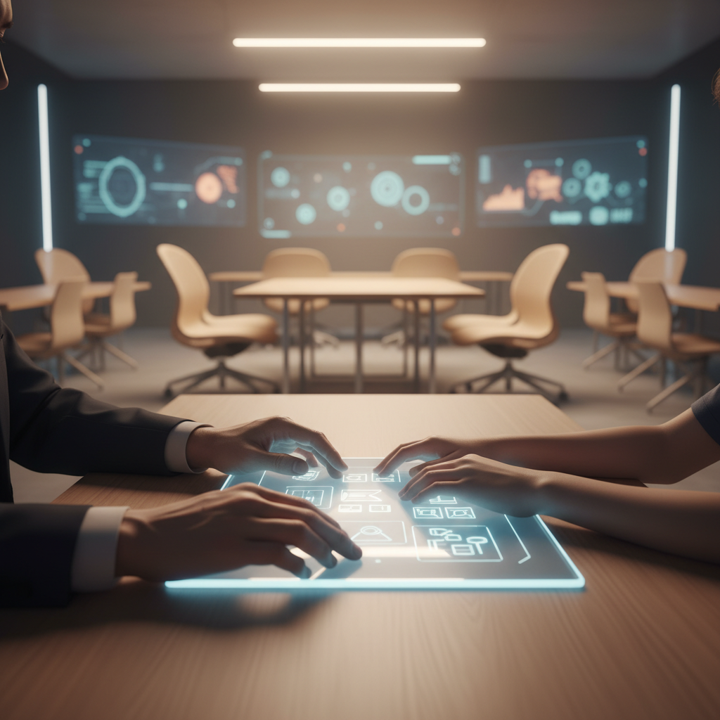 Personas trabajando colaborativamente sobre una interfaz táctil holográfica en una oficina moderna.