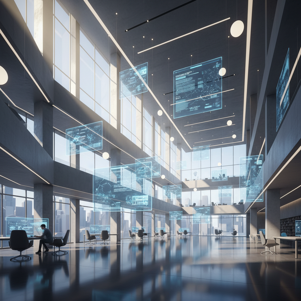 Oficina moderna de planta abierta con amplios ventanales y pantallas holográficas proyectando datos en un espacio de trabajo corporativo.