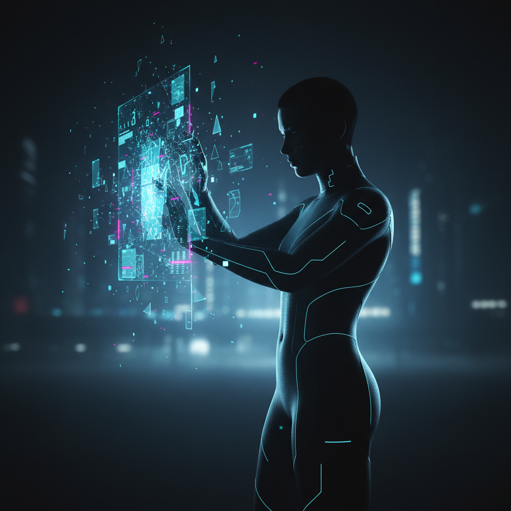 Silueta de una figura humanoide cibernética interactuando con una interfaz holográfica de datos brillantes en un entorno urbano nocturno.