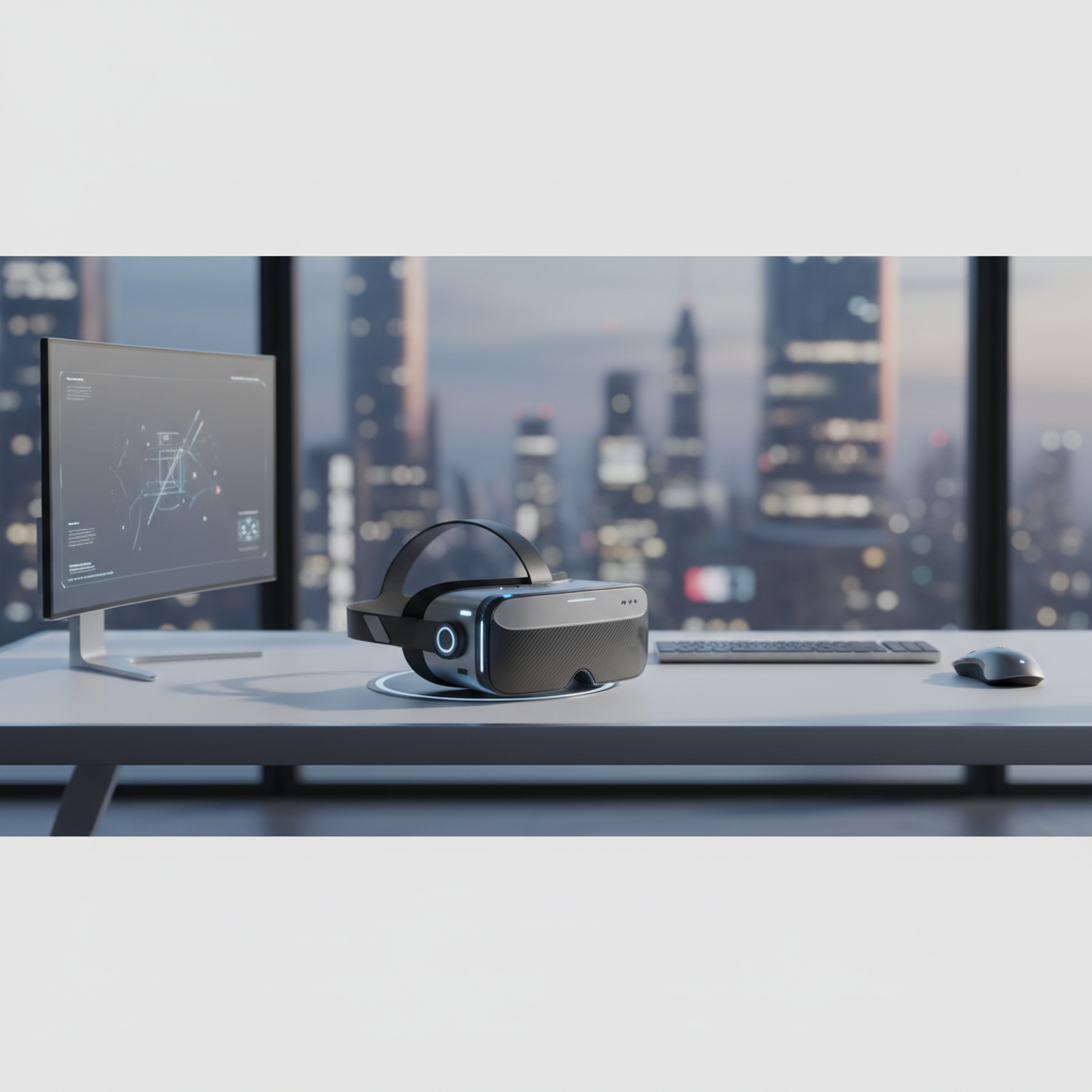 Casco de realidad virtual sobre una mesa de escritorio frente a un monitor con interfaz digital y fondo de ciudad al atardecer.