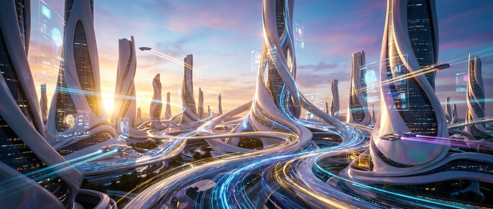Ciudad futurista al amanecer o atardecer con numerosos rascacielos blancos de diseño orgánico, pantallas holográficas que muestran datos tecnológicos y autopistas elevadas con estelas de luz azul y dorada que representan tráfico rápido. Varios vehículos voladores atraviesan el cielo.