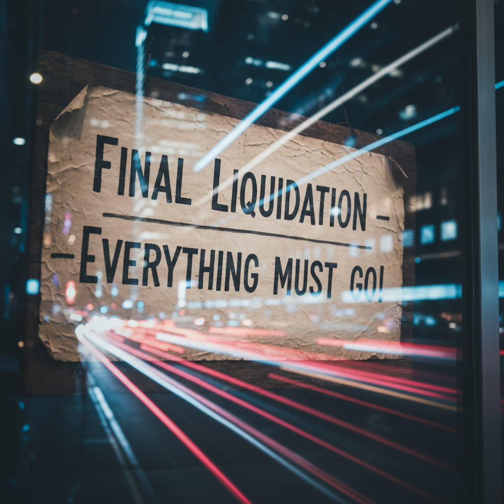 Letrero de papel desgastado con el texto Final Liquidation - Everything must go sobre un fondo de ciudad con luces en movimiento.