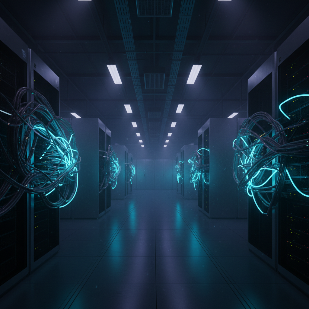 Servidores de centro de datos con cables de fibra óptica luminosos en color azul.