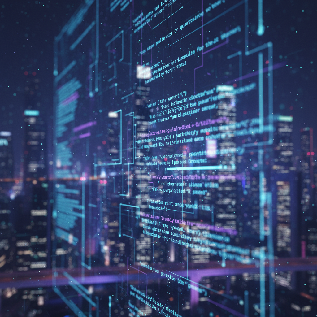 Visualización de datos digitales con código informático superpuesto sobre un paisaje urbano nocturno iluminado.