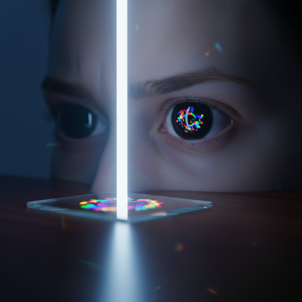 Primer plano de un ojo humano mirando fijamente un haz de luz vertical que atraviesa un cristal con patrones circulares de colores.